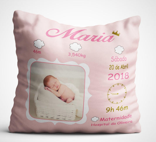 Almofada Dados de Nascimento - Personalização Frente e Verso - DECOR PRESENTES PERSONALIZADOS