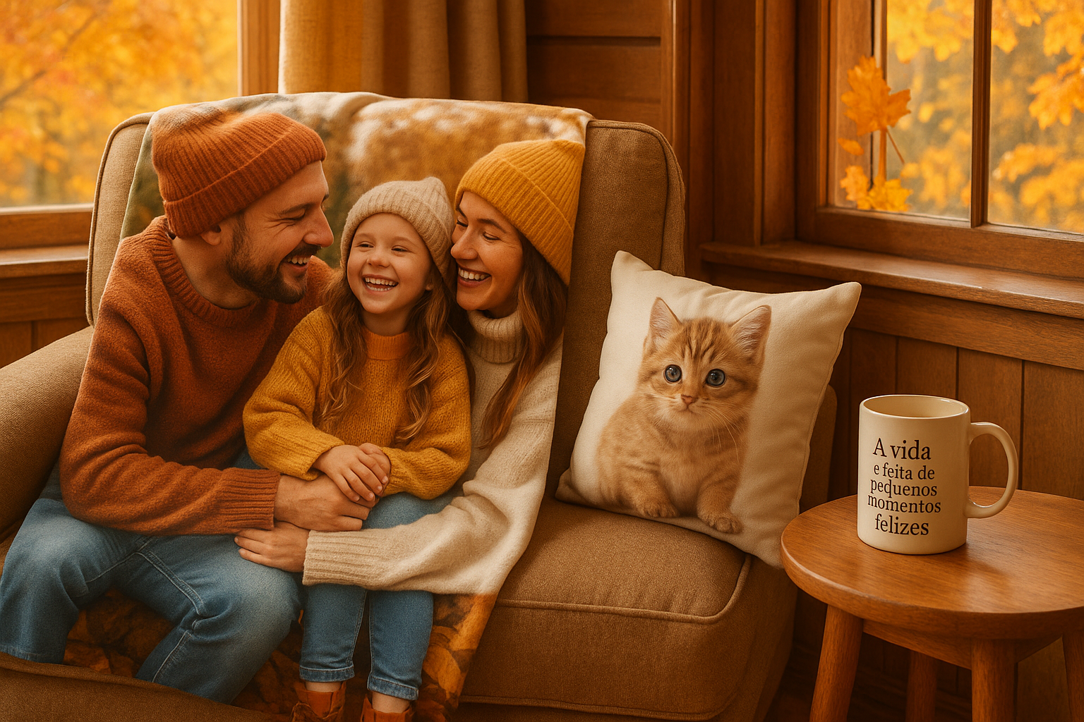 Um manta, uma caneca e uma almofada, personalizadas com fotos de pessoas ou animais (exemplo, manta uma família, almofada uma gatinho, a caeca uma farse insparacional em portuguÊs de Portugal) num ambiente acolhedor de outono